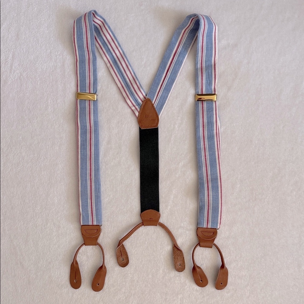 {VTG} Polo by Ralph Lauren | Stripe Cloth Leather Brass Button Braces Suspenders